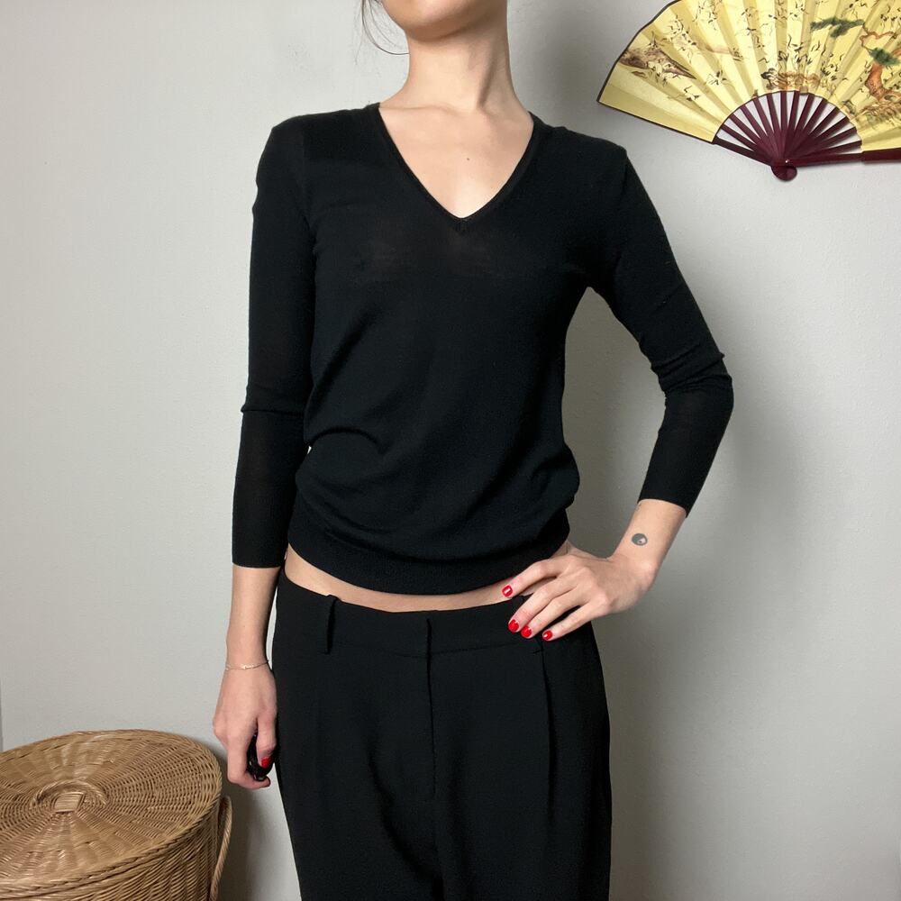 j crew black minimalist fitted slouchy v neck delicate thin knit sweater top - Picture 3 of 8